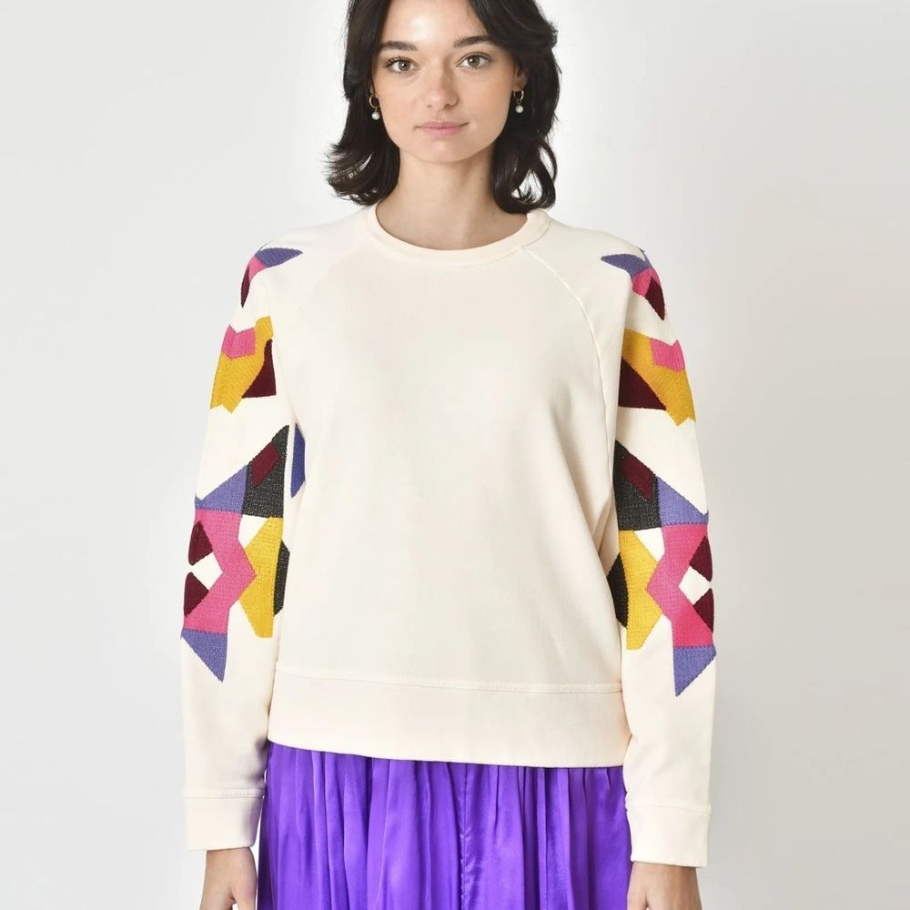 Forte Forte Embroidered Cotton Light Pink Geometric Quilt Crewneck Sweatshirt L